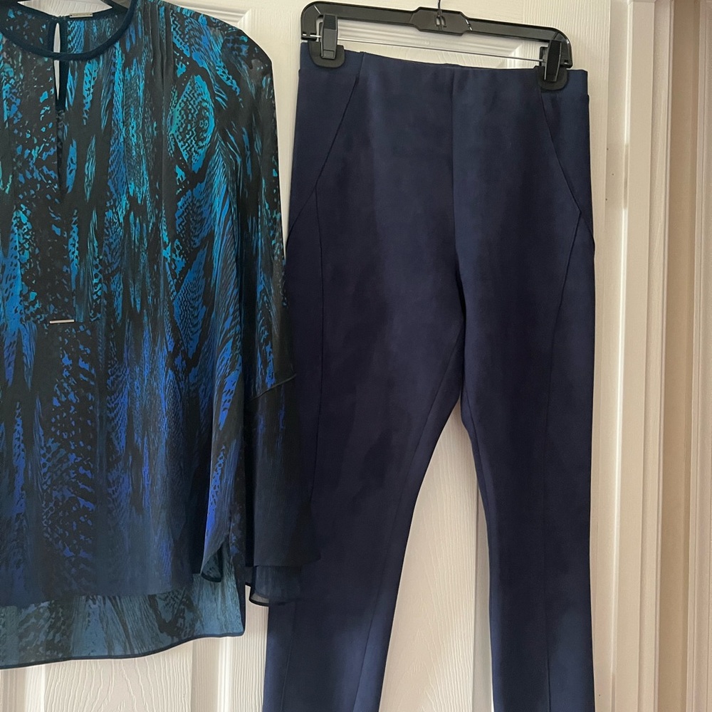 Elegant Blue Women's Pants and Silk Top